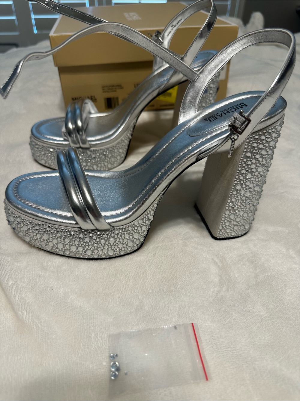 Michael Kors Silver Rhinestone Platform Slingback Heels with defect